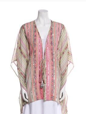 Ramy Brook Swim Cover Up, M/L Ciro Geometric chiffon striped, beaded
